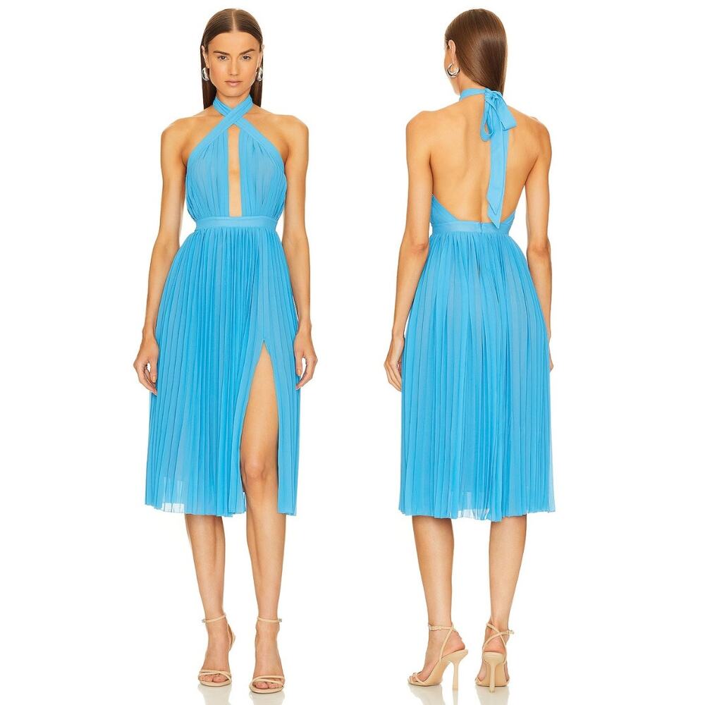 Michael Costello Beatriz Pleated Midi Dress Halter Party Prom Formal Cocktail S